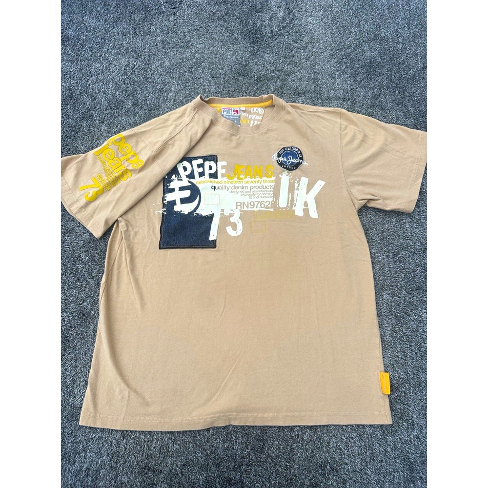 Y2K Pepe Jeans London T Shirt Mens L Tan Graphic Denim Patch Sleeve Print 2000s